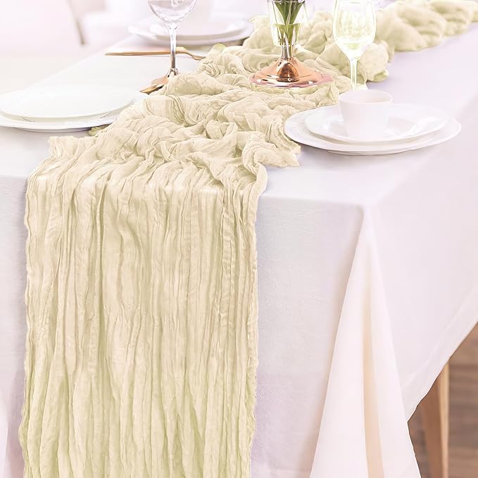 10-Pack Beige Cheesecloth Table Runners – 10FT (35x120 Inch) Boho Rustic Gauze Fabric Cheese Cloth Table Runner for Weddings, Baby Showers, Bridal Shower, Farmhouse & Birthday Party Decor