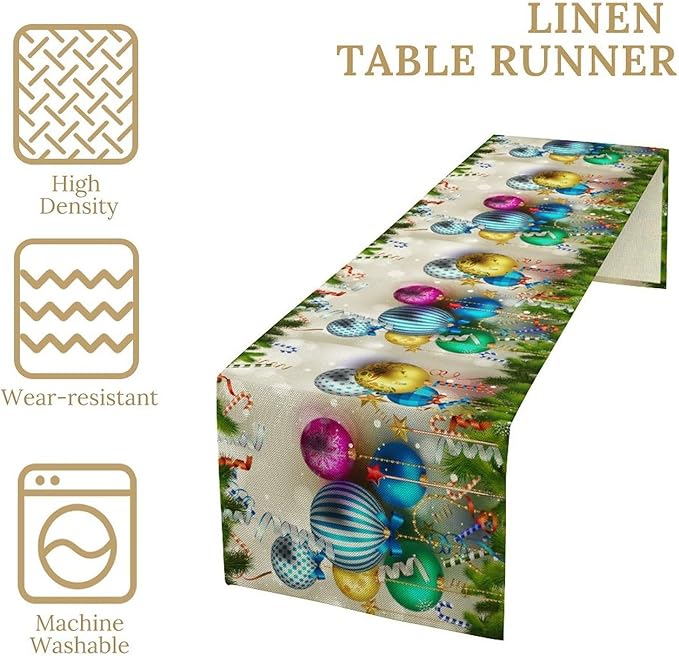 Christmas Table Runner,Colorful Balls Xmas Tree Snowflake Pattern Print Tablecloth Burlap for Hotel Indoors Outdoor Dining Room Kitchen Home Decor,W13X L108 in