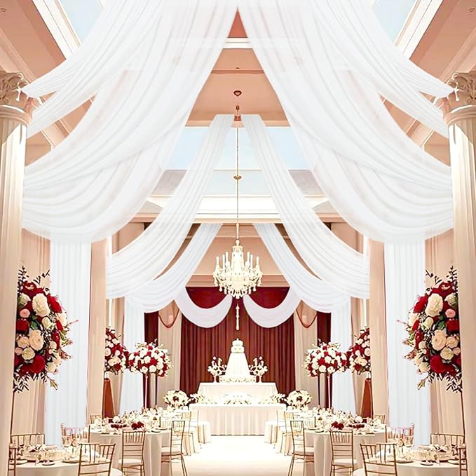 DUOBAO 6-Panel Chiffon Wedding Backdrop Drapes 5x10FT - Semi-Sheer White Fabric Ceiling & Stage Decor for Ceremony, Party, Outdoor Events
