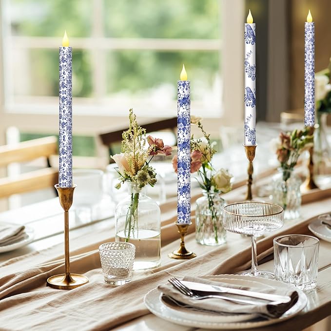 Baquler 6 Pcs Chinoiserie Bird Floral Flameless Candles 10.6 Inch Christmas Blue and White Battery Operated Led Candlesticks Chinoiserie Decor for Christmas Centerpiece Xmas Party Decor Holiday Gifts