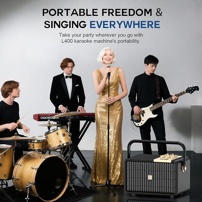 L400 Professional Karaoke Machine with 2 UHF Wireless Microphones for Adults, 320W Peak Bluetooth Speaker PA System with Bass/Treble Adjustment for Home Party Wedding Outdoor Christmas Events