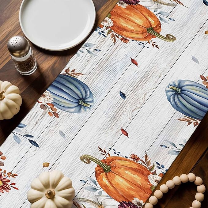 Thanksgiving Fall Cotton Linen Table Runner for Dining Kitchen, Pumpkins Eucalyptus Wedding Outdoor Party Tablerunners Decoration Farmhouse Wooden Dresser Scarf Coffee Tablecloth Runners 13x120 Inches
