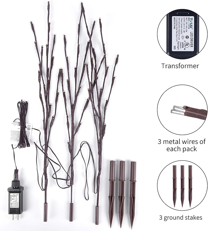 Lighted Branches for Vases Plug in - 3 Pack 24Inch 60 LED Christmas DIY Twig Pathway Lights, Artificial Tree Bendable Xmas Fairy Lights with Stakes for Outdoor Indoor Party Decoration, Multicolor