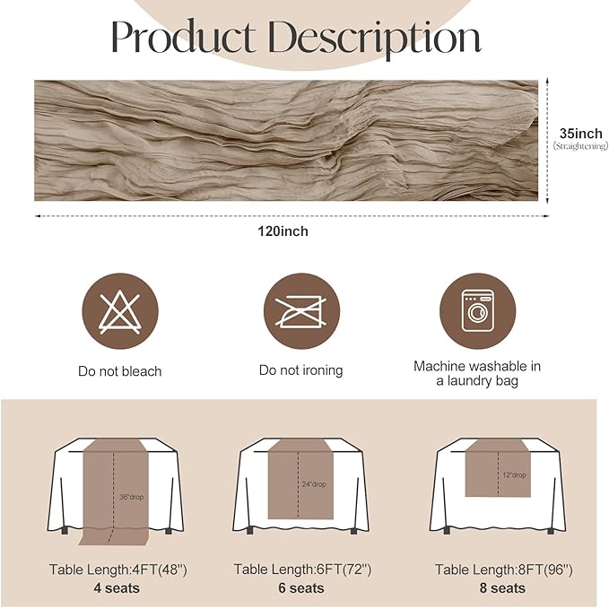 2 Pcs Nude Cheesecloth Table Runner - 120 inch 10FT Boho Rustic Gauze Cheese Cloth Table Runner Decor for Spring Summer Party Wedding Birthday Baby Bridal Shower Home
