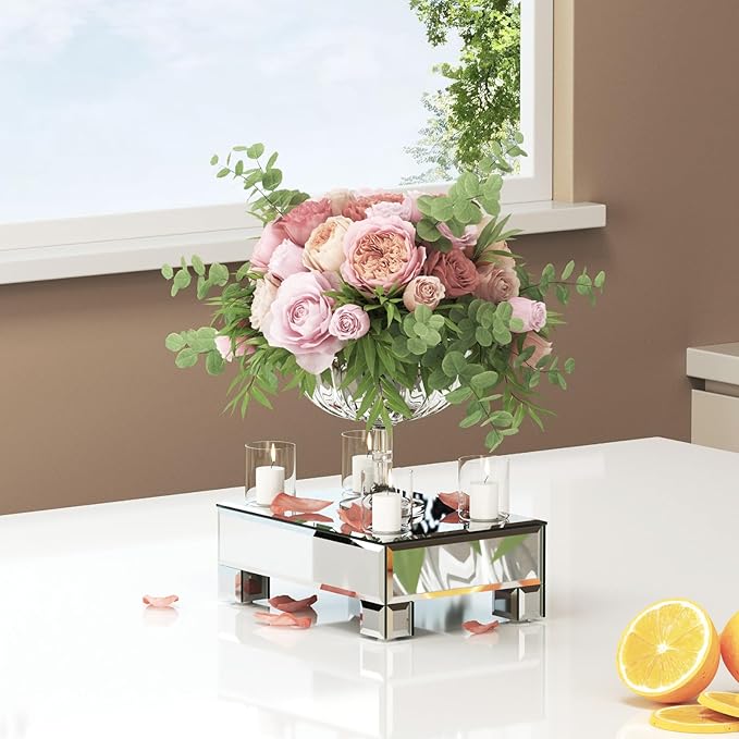 Mirrored Risers for Display, Tabletop Display Stand, Mirrored Perfume Tray for Vanity, Silver Soap Stand, Pedestal Stand, Glass Risers for Countertop, 8.6”W x 6”D x 3”H