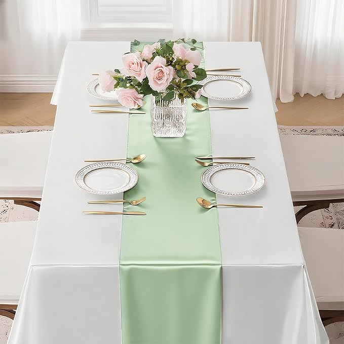 20 Pack Sage Green Satin Table Runner 12x108 Inches Long, Bright Silky Smooth Satin Table Runner Table Decor for Wedding Banquet Christmas Prom Event Birthday Party