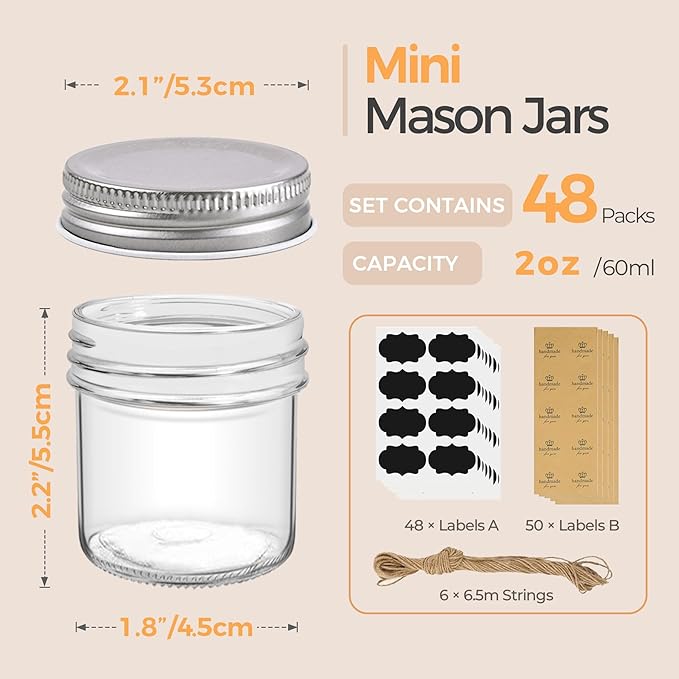 ComSaf Small Mason Jars 2 oz, 48 Pcs Mini Mason Containers, Small Canning Jars, Mini Glass Jar with Lids for Ginger Shots, Honey, Jams, Sauces, Spices, DIY Candle Decor, Wedding & Baby Shower Favors