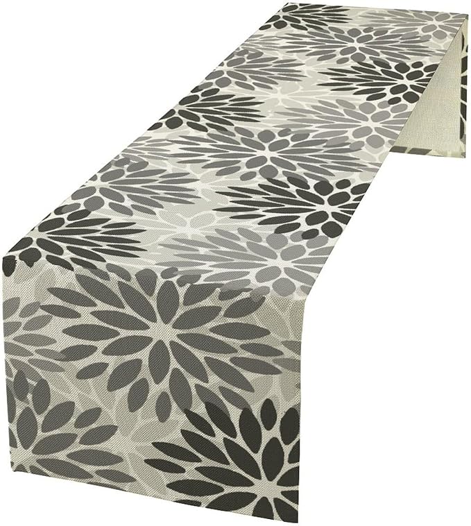 Gray Dahlia Flower Table Runner, Vintage Modern Linen Geometric Pattern Floral Table Runner Spring for Farmhouse Kitchen Dining Party Holiday Party, 13x120 Inch