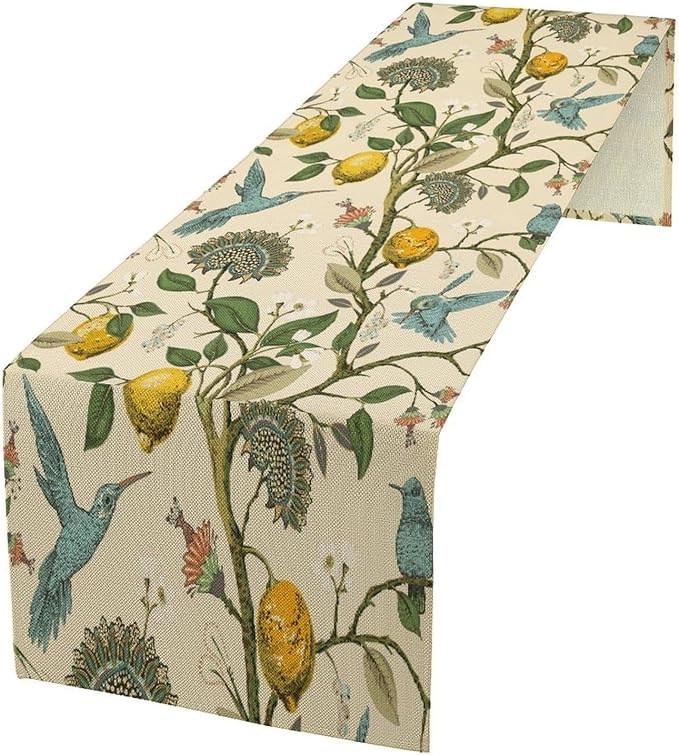 Table Runner with Flowers and Birds, Spring Plant Flowers Table Decoration Linen Table Runner Family Party Party Decorations 13x90 Inches