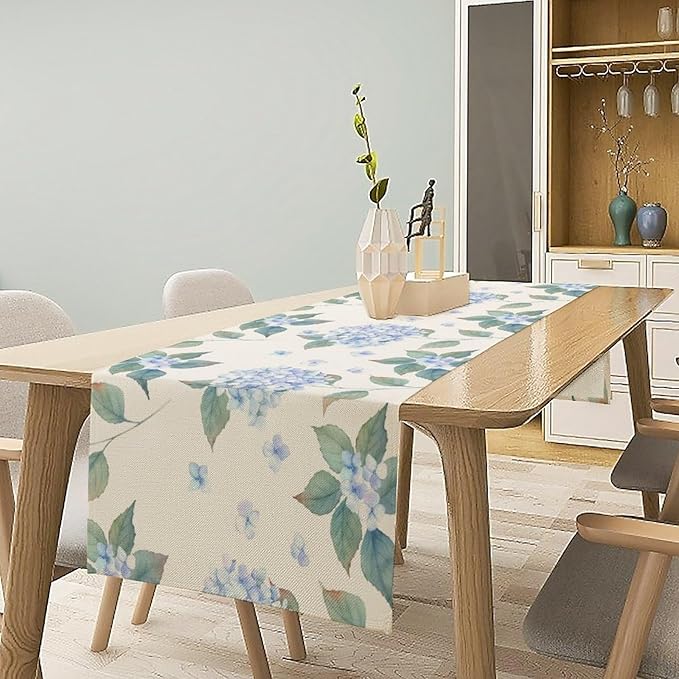 Spring Hydrangea Flower Table Runner, Seasonal Summer Plants Watercolor Blue Florals Dinner Runner for Home Kitchen Dining Table Party Holiday Decoration 13"x70"