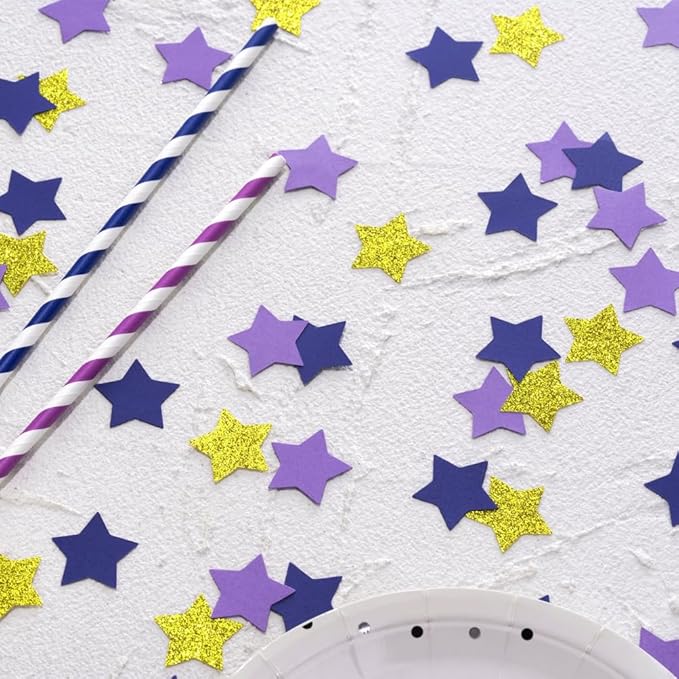Purple Blue and Gold Star Confetti Table Decoration for Graduation Eid Ramadan Birthday Retirement Party,1.2 inch in Diameter,200 Counts