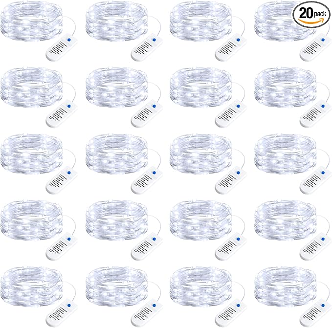 Minetom 20 Pack Fairy Lights Battery Operated String Lights, 8 Modes & Timer, 7ft 20LED White Waterproof Silver Wire Twinkle Lights, Firefly Starry Moon Lights for Mason Jars DIY Christmas Wedding