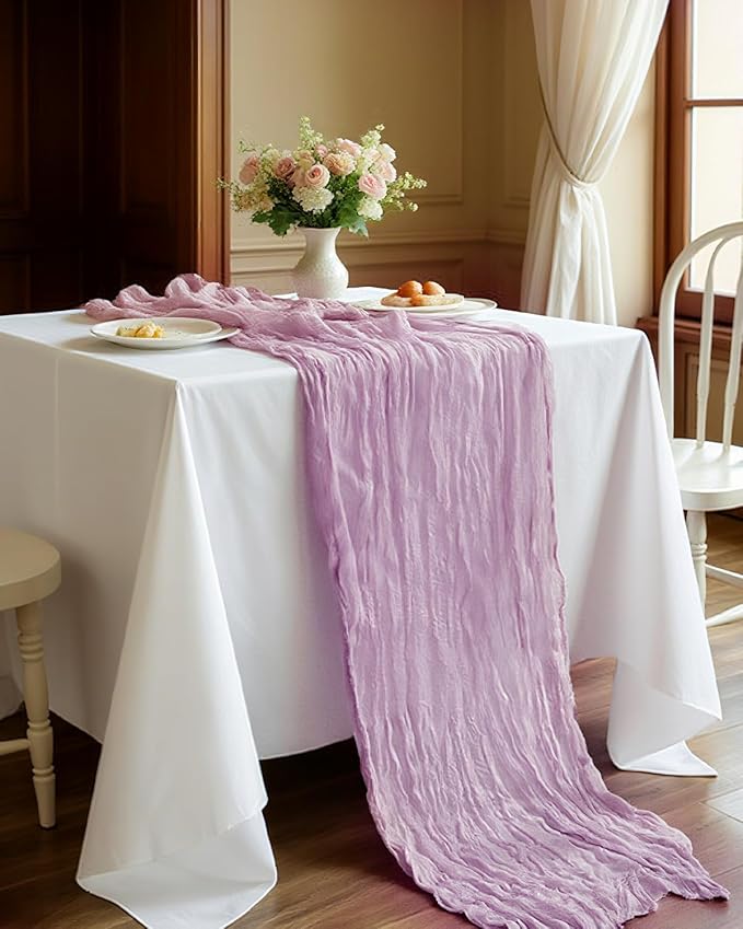 Lavender Purple Cheesecloth Table Runner 120 Inch, Lilac Boho Rustic Gauze 10 FT, Summer Cheese Cloth Runner for Wedding, Baby Shower, Party, Farmhouse Centerpiece Home Decorations