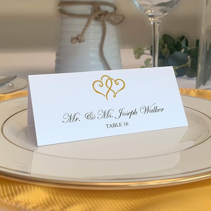Linked Hearts Place Cards, Gold (Choose Color), Set of 60, Pre-cut and Scored - Wedding, Party, Dinner, and Special Events - Made in the USA