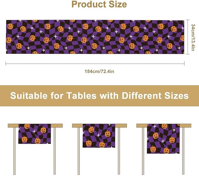 Halloween Table Runner,Purple Checkered Pumpkin Table Runner for Kitchen Dining Table Decoration Home Party Decor 13x70 Inch