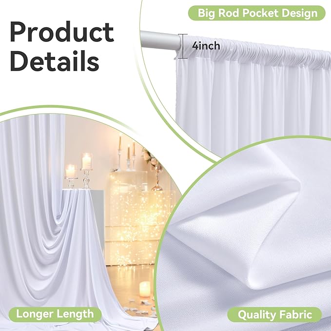 10ftx16FT Wrinkle Free White Backdrop Curtain, 2 Panels 16FT Height White Wedding Backdrop Drapes, Silky Polyester Back Drop Cloth for Birthday Photography Background Party Backdrop Draping
