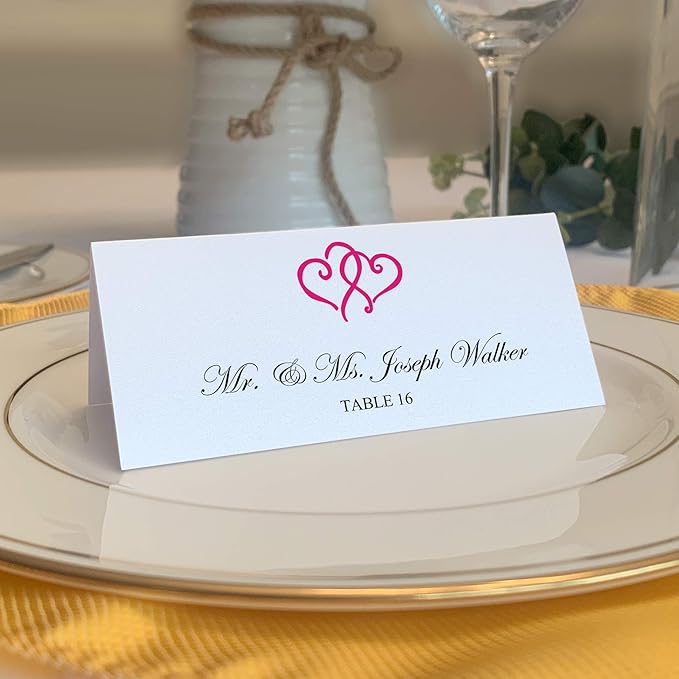 Linked Hearts Place Cards, Fuschia (Choose Color), Set of 25, Pre-cut and Scored - Wedding, Party, Dinner, and Special Events - Made in the USA