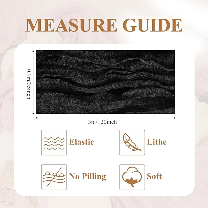 Asee'm 12pcs Cheesecloth Table Runner 120 Inches Long Black Boho Gauze Cheese Cloth Runner 10FT Rustic Sheer Table Runners for Christmas Wedding Party Baby Shower Spring Easter Decoration