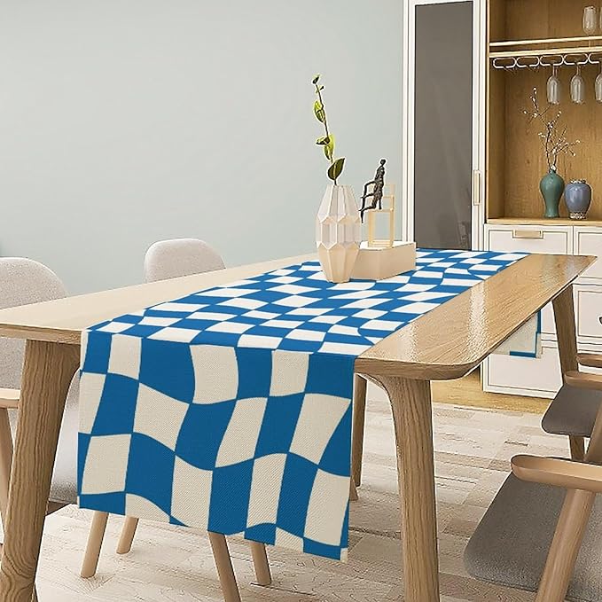 Table Flag Retro Plaid 60s70s Blue Plaid Table Flag Kitchen Restaurant Decoration Suitable for Indoor and Outdoor Festival Home Wedding Party Table Flag 13x36