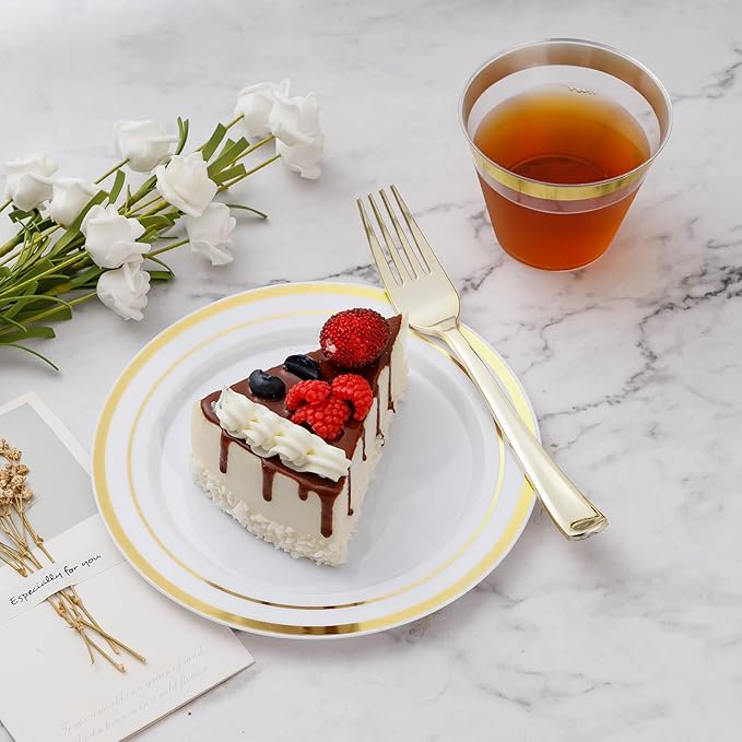 BESTVIP 450PCS Gold Dinnerware Set for 75 Guests, Plastic Plates for Party, 75 Gold Disposable Plates, 75 Dessert Plates, 75 Cups, 75 Spoons, 75 Forks and 75 Knives
