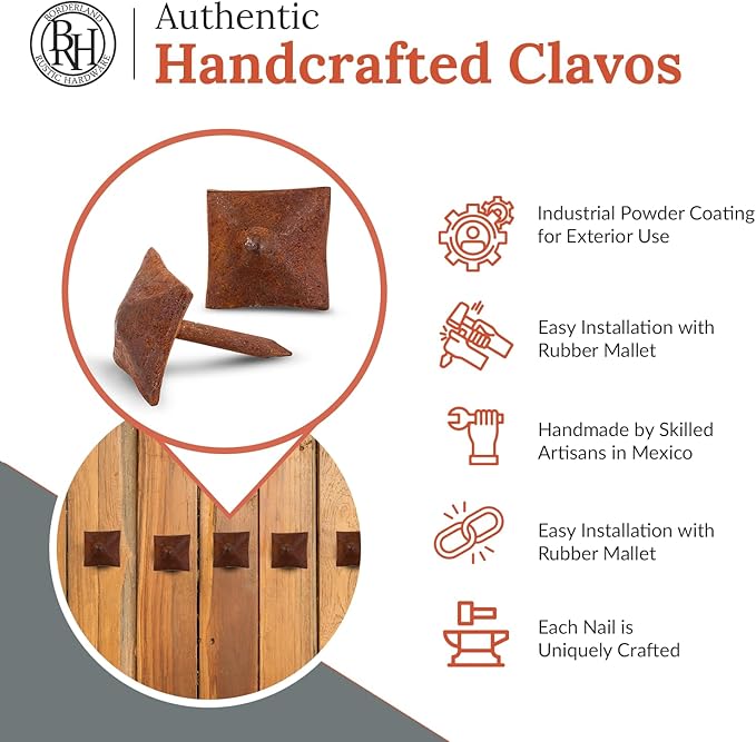 50 Pack 0.75" Square Head Iron Clavos Decorative Nails – Rusted – Handmade Rustic Square Fasteners for Farmhouse Shutters, Faux Wood Beams, Barn Doors, Shutters, and Gates – Ornamental Wood Accent