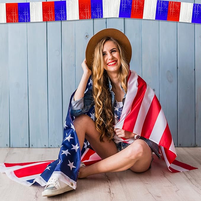 6 Pack 10 Feet White Blue Red Foil Fringe Garland Metallic Tinsel Streamers Banner Wall Hanging Backdrop Banner for Parade Floats, Thanksgiving, Christmas, Birthday, Halloween Party Decorations