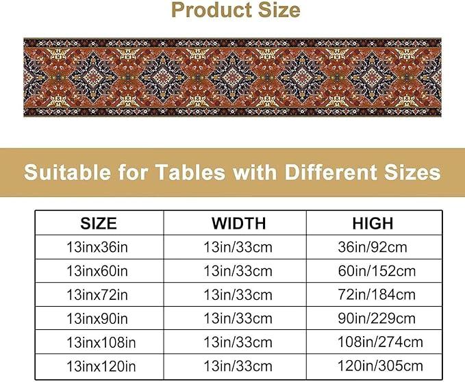 Vintage Boho Orange Table Runner, Country Rustic Farmhouse Magical Abstract Print Pattern for Home Kitchen Table Decor Dining Coffee Room Garden Party Decor 13x108in