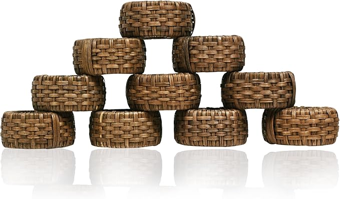Decorative Cane Napkin Rings Set of 12 - Hand Woven Napkin Holders for Farmhouse, Rustic, Holiday, Wedding, Easter, Thanksgiving, Xmas, Boho & Fall Table Décor (Walnut) - CLEENTABLE