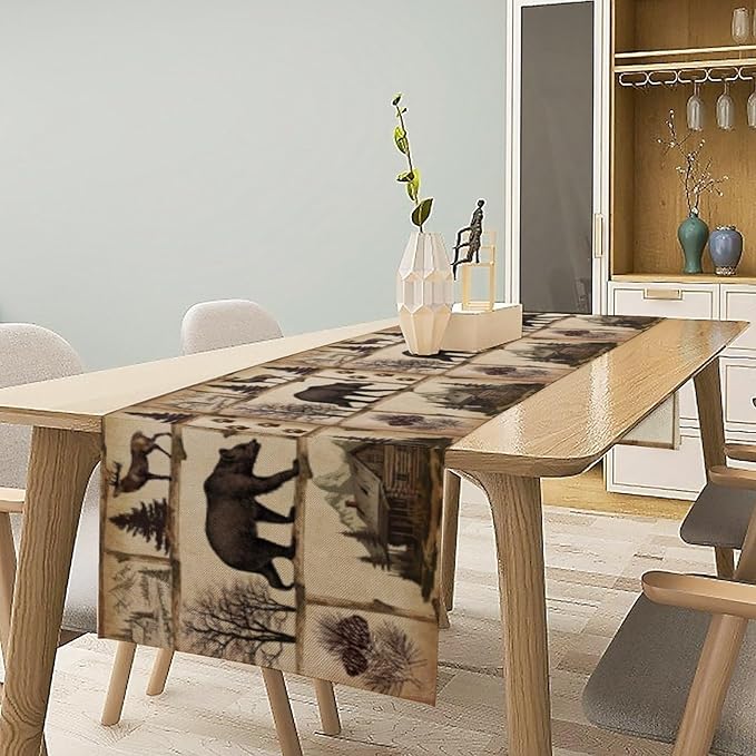 Rustic Cabin Table Runner, Retro Moose Cone Deer Bear Farmhouse Lodge Table Runner for Dinner Living Room Kitchen Vintage Country Cottage 13x60 Inch