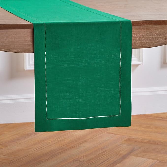 Solino Home Linen Emerald Green Hemstitch Table Runner 60 Inches - 100% Pure Linen Small Table Runner 14 x 60 Inch Ideal for Dresser and Coffee Tables - Classic Hemstitch - Christmas