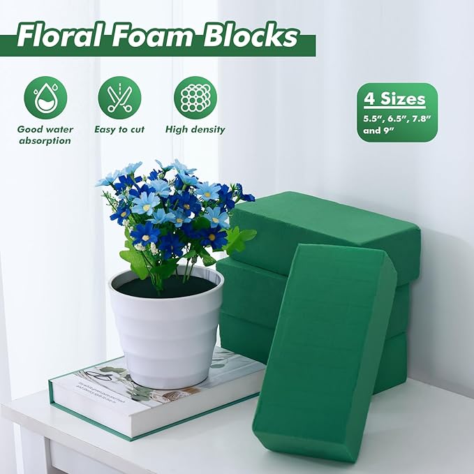 8 Pcs Floral Foam Blocks for Fresh & Artificial Flowers, 7.8" L x 3.5" W x 2.4" H Wet & Dry Green Flower Foam for Indoor Outdoor Floral Arrangements, Foam Bricks for Wedding, Birthdays, Home Décor