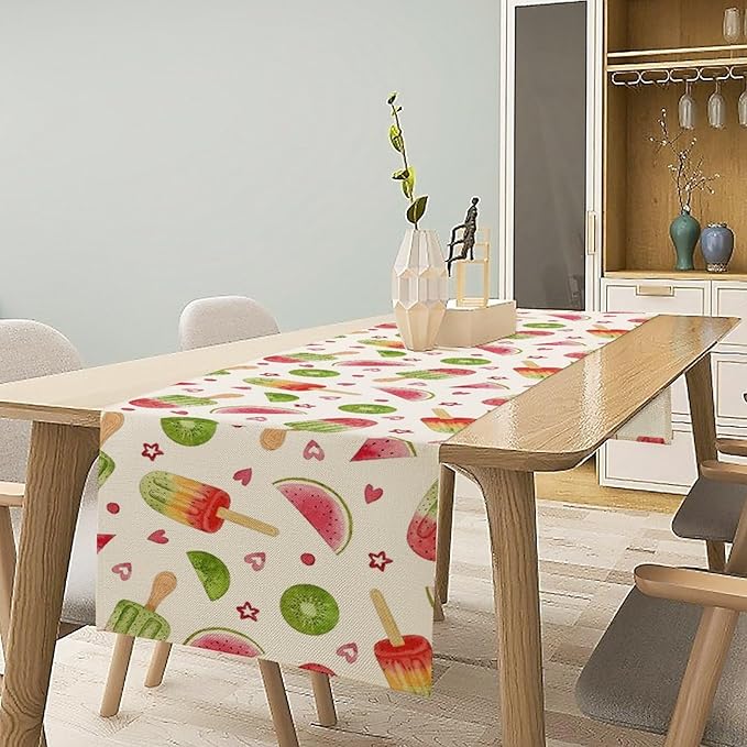 Summer Popsicles Table Runner, Colorful Watercolor Ice Cream Loves Heart Seasonal Dinner Runner for Party Holiday Home Kitchen Dining Table Decor 13"x36"