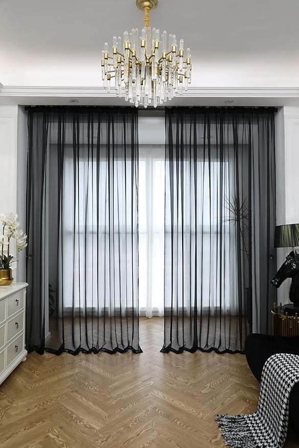 Window Black Sheer Curtains 48 Inches Width 84 Inches Long 2 Panels Sheer Curtain Clear Curtains Basic Rod Pocket Panel for Home Living Room Bedroom Kids Room Yard Patio Parlor Sliding