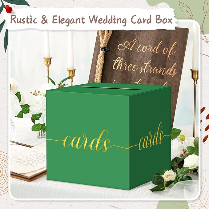 QIKSION Green Graduation Card Box, Gold Foil Gift Card Box for Graduation, Party, Wedding Reception, Birthday, Baby Shower, Raffle