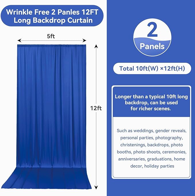10ftx12ft Wrinkle Free Royal Blue Backdrop Curtain, 2 Panels 12FT Height Royal Blue Wedding Backdrop Drapes, Silky Polyester Back Drop Cloth for Birthday Photography Background Party Backdrop Draping