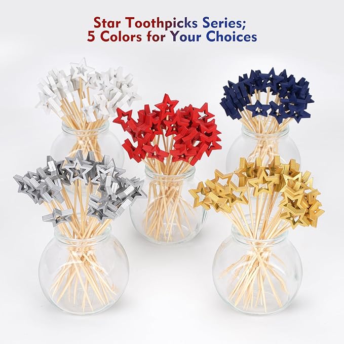Minisland Matt Silver Star Cocktail Picks, 5.5 Inch Long Bamboo Fancy Toothpicks for Appetizers, Decorative Christmas New Year Holiday Party Food Drinks Garnish Fruit Skewer Sticks 50 Counts - MSL431
