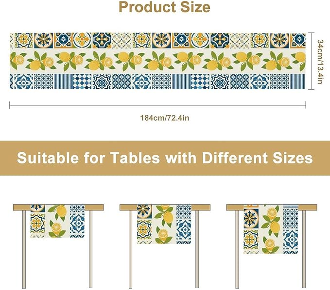Lemon Table Runner,Watercolor Blue Fruits Green Leaves Print Table Cloth Kitchen Dining Table Home Party Decoration 13x90 Inch