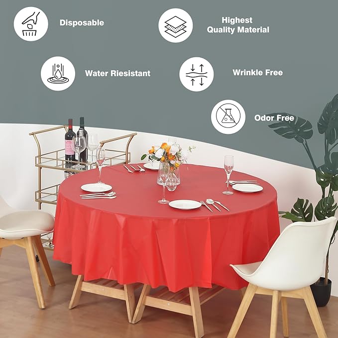 Evershine (4-Pack Heavy Duty Plastic Table Covers Tablecloth (Reusable) (Round 84", Red)
