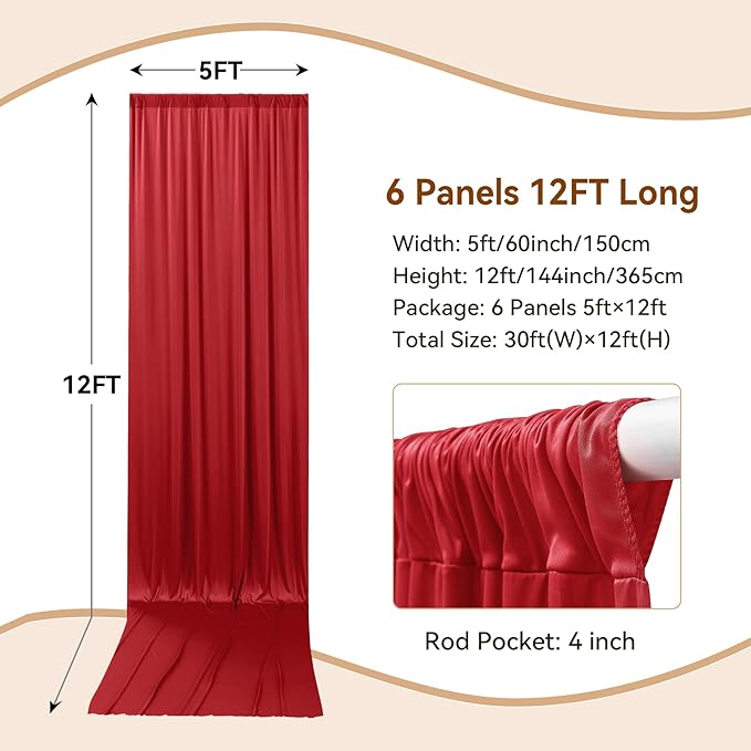 30×12ft Wrinkle Free Red Backdrop Curtain for Wedding Parties,6 Panels 5×12ft Long Soft Silky Polyester Backdrop Drapes Red Photo Back Drop Curtains for Photography Stage Christmas Background Cloth