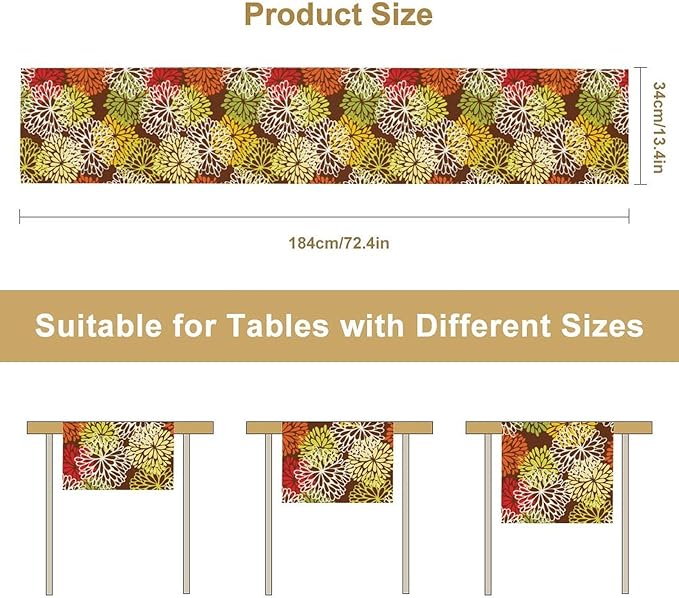 Brown Dahlia Floral Table Runner, Seasonal Autumn Thanksgiving Pattern Print for Home Kitchen Table Decor Dining Coffee Room Party Decor 13x70 Inch