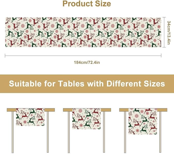 Christmas Table Runner,Christmas Plaid Deer Print Farmhouse Table Cloth Kitchen Dining Table Decoration for Home Party Decor 13x108 Inch