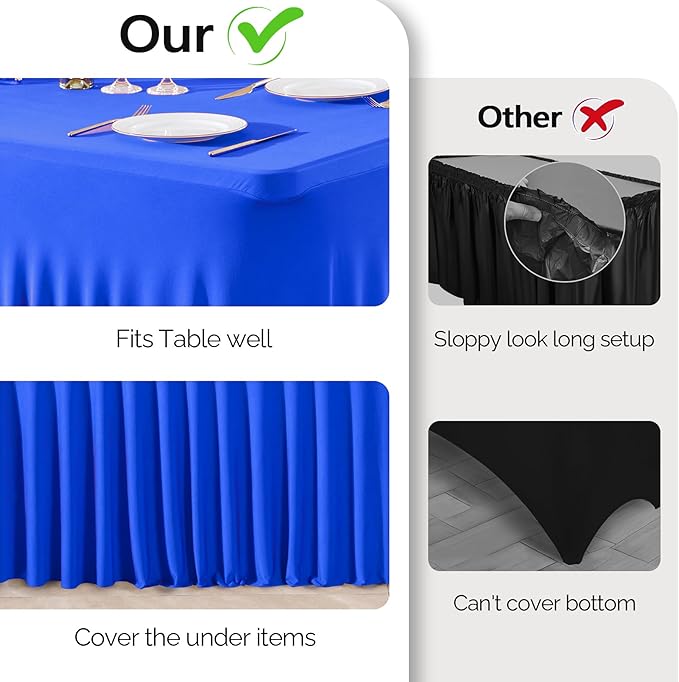 Wish Care 2 Pack Royal Blue Spandex Table Clothes for 6 Foot Rectangle Tables, 6FT Wrinkle Free Fitted Tablecloths Ruffles Design Table Cloth for Party, Banquet, Wedding and Events