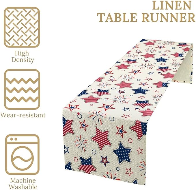 4th of July Table Runner, American Patriotic Independence Day Red Blue White Stars Stripes Fireworks Print Table Runner for Home Party Decor Kitchen Dining Table, 13x120inch