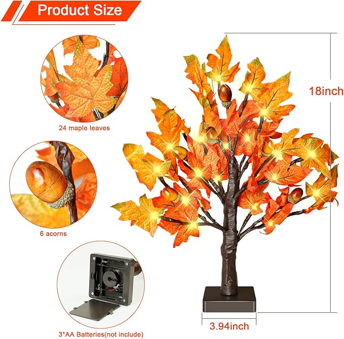 18 Inch Fall Lighted Maple Tree with 36 LEDs, 6 Acorns, Timer Battery Operated Tabletop Artificial Tree for Autumn Thanksgiving Halloween Christmas Harvest Indoor Decorations