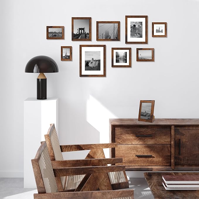 9x12 Picture Frame Set of 4 with Tempered Glass, Wooden Rustic Frame Display 6x8 Pictures with Mat or 9 x 12 Without Mat, Photo Frame for Wall Mount and Tabletop Display