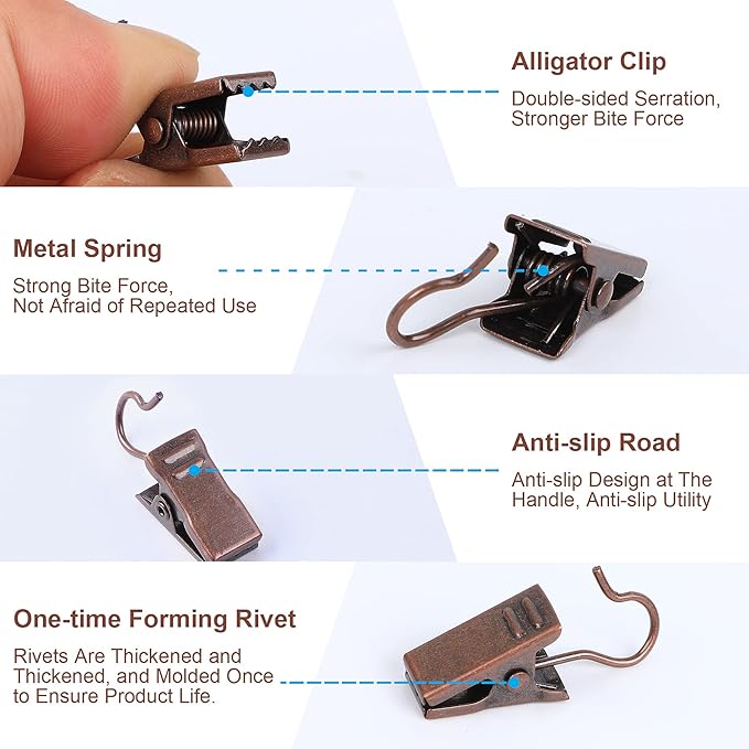 JANYUN 120 Pack Clip Hook Set Stainless Curtain Clips for Curtain Photos Home Decoration Art Craft Dispaly Hang Clip (Copper)