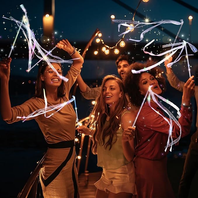 100 Pieces Light up Wedding Wands with Ribbons & Bells –LED Silk Wedd Fairy Wands Streamers with Warm White & Colorful Lights for Wedding Send Off Ideas, Parties, and Celebrations