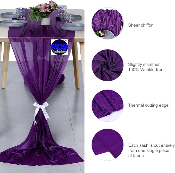 MDS 15 Pack 10ft Chiffon Table Runner 29 x 120 Inches Sheer Wedding Runner Romantic Rustic Table Runner for Wedding Decorations, Birthday Parties, Bridal Shower Party Arch Decor - Cadbury Purple