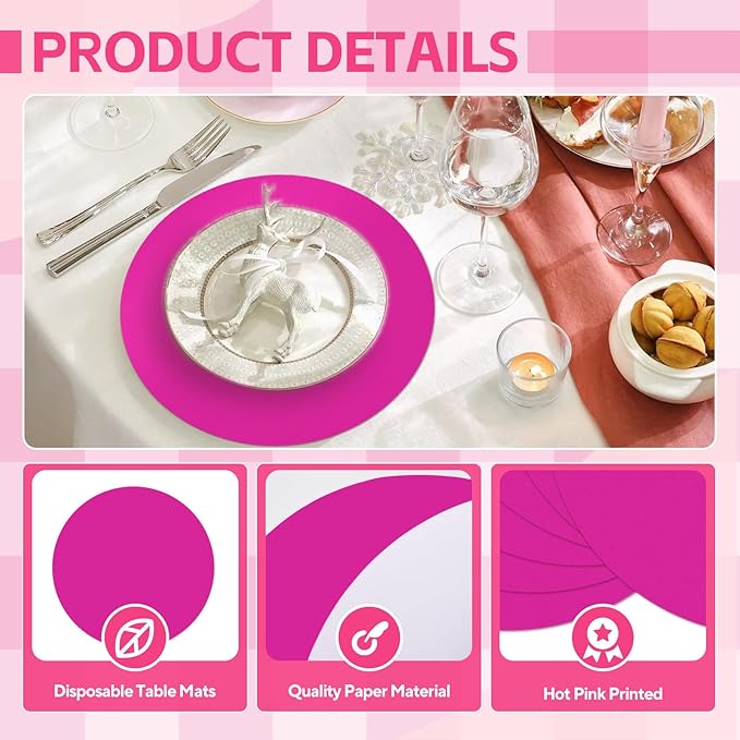 50 Pieces Hot Pink Paper Place Mats Round Disposable Table Mats Decorative Placemats for Wedding Bridal Shower Hot Pink Birthday Party Dining Decor
