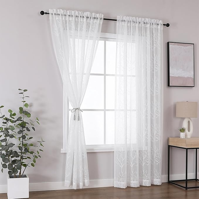 VISIONTEX Sheer Curtains 63 inch Length 2 Panels Set, Decorative White Coral Embroidery, Rod Pocket Embroidered Window Drapes for Living Room and Bedroom, 54" x 63"